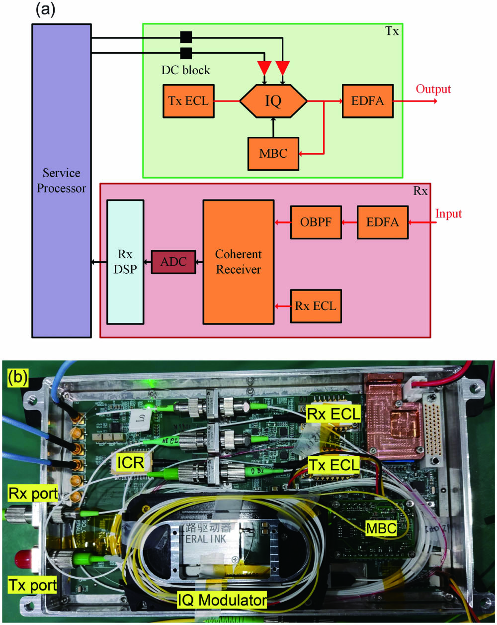 Schematic of the transceiver. (a) Block diagram; (b) optical part prototype.