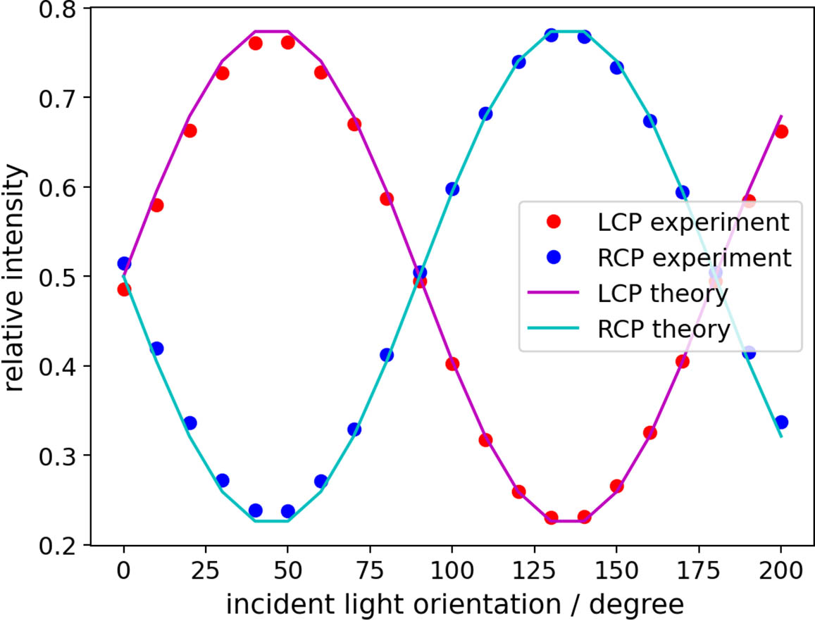 Measured relative intensity in the PSF lobes (scatter plots) compared to theoretical results (solid lines); LCP data being the photon summation of the upper-right and lower-left lobes, normalized to total number of photons; and RCP data being the photon summation of the other two lobes, normalized to total number of photons.