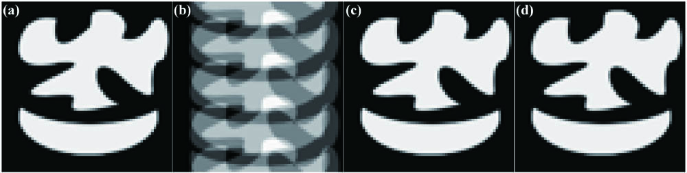 (a) The binary image “ghost-I.” (b)–(d) The reconstruction results based on Scheme I, MSG-HSI, and THSI, respectively.