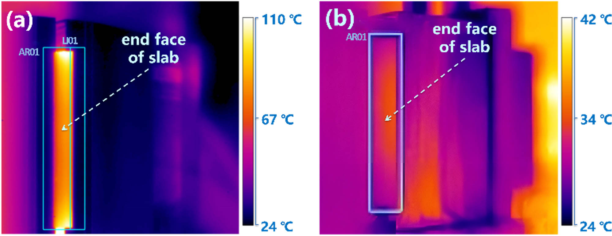 Temperature comparison of the main amplifier slab end face. (a) and (b) Maximum temperatures of 110°C and 42°C, respectively.