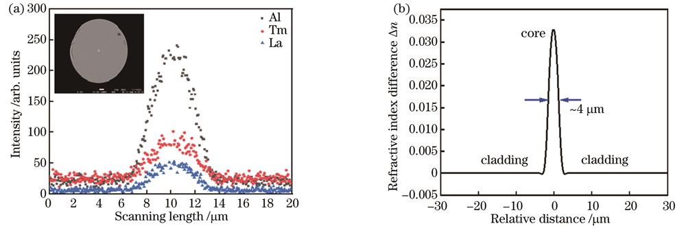 高掺Tm3+石英光纤的物理性能。(a)光纤端面元素分布(插图:光纤端面);(b)光纤折射率分布