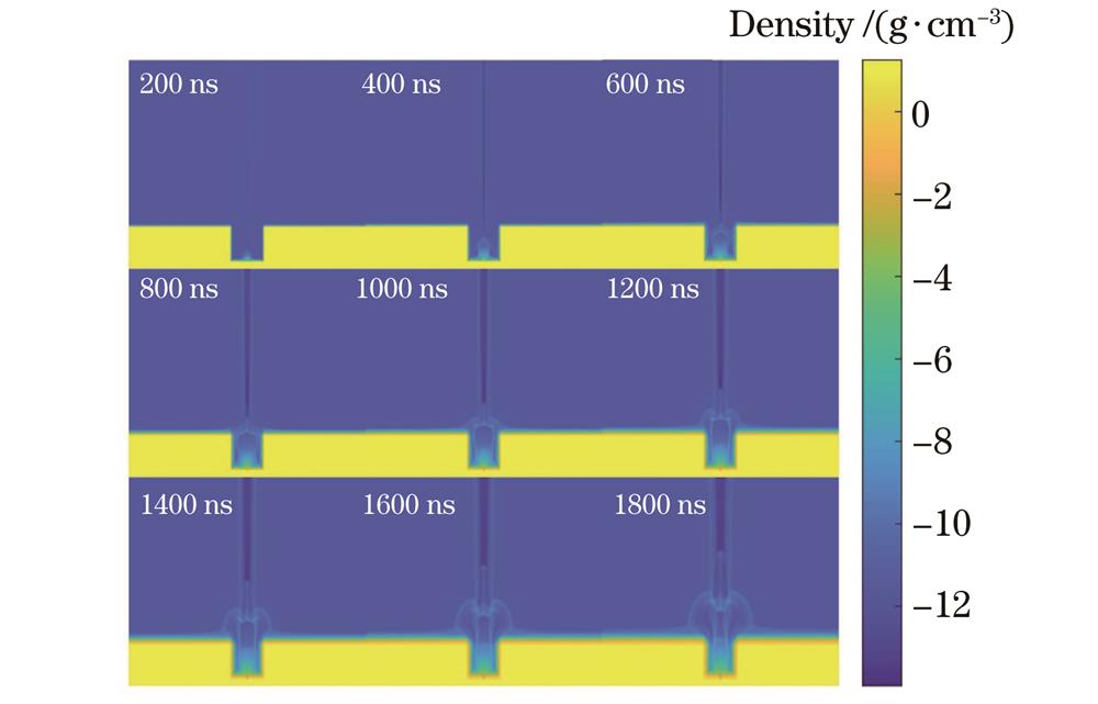 存在空腔(空腔宽度为1.4 cm)时等离子体密度随时间的变化
