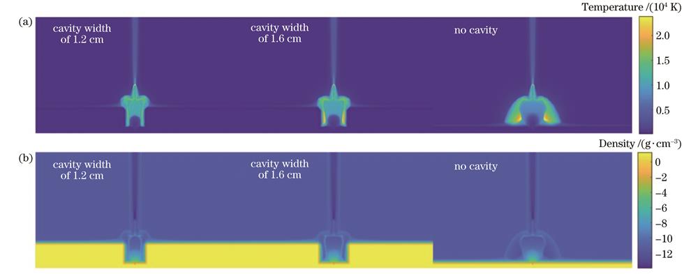 时间为1000 ns时有无腔体条件下等离子体的温度和密度。(a)温度;(b)密度