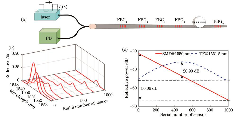 锥形FBG阵列。(a)示意图;(b)光谱;(c)散射谱