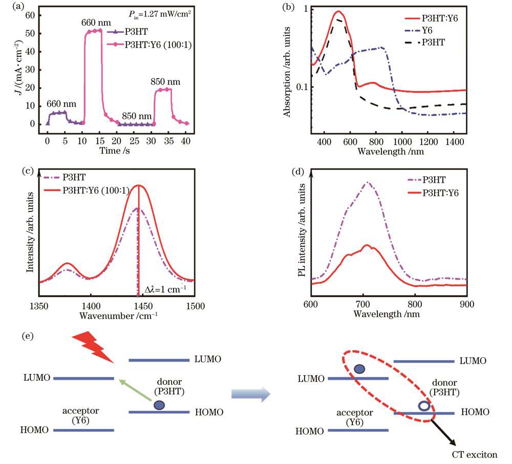 器件的机理分析图。(a)纯P3HT器件及P3HT∶Y6器件的瞬态响应曲线;(b)P3HT、Y6及P3HT∶Y6(100∶1)的吸收光谱;(c)P3HT和P3HT∶Y6(100∶1)的拉曼光谱;(d)P3HT和 P3HT∶Y6(100∶1)在325 nm光源激发时的光致发光光谱;(e)分子间电荷转移形成原理示意图