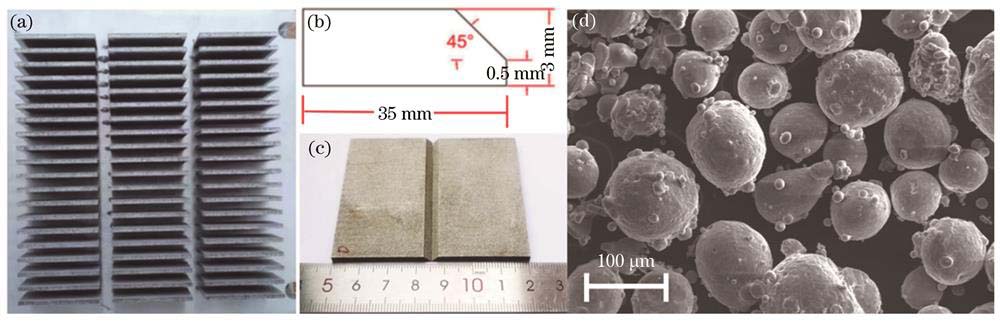 SLM成形的Al-Mg-Sc-Zr铝合金基板和粉末。(a)SLM成形的高强度Al-Mg-Sc-Zr合金;(b)坡口切割示意图;(c)切割坡口后的基板;(d)Al-Mg-Sc-Zr粉末