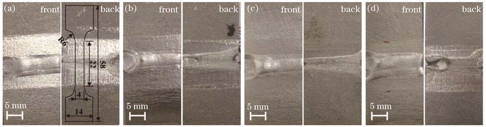 不同工艺参数的连接试样及拉伸试样取样尺寸。(a)能量密度为75 J/mm2的试样及取样尺寸;(b)能量密度为100 J/mm2的试样;(c)能量密度为125 J/mm2的试样;(d)能量密度为150 J/mm2的试样