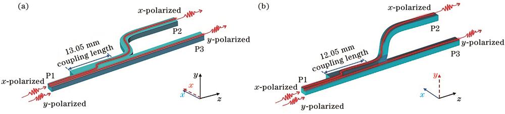 引入S型弯曲光纤的定向耦合器结构图。(a)沿x轴放置x轴弯曲定向耦合器;(b)沿x轴放置y轴弯曲定向耦合器