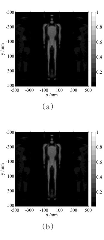 人体模特电磁仿真成像结果 (a) 采用RMA的SISO阵列 (b)采用RMA的1:4:69 MIMO阵列