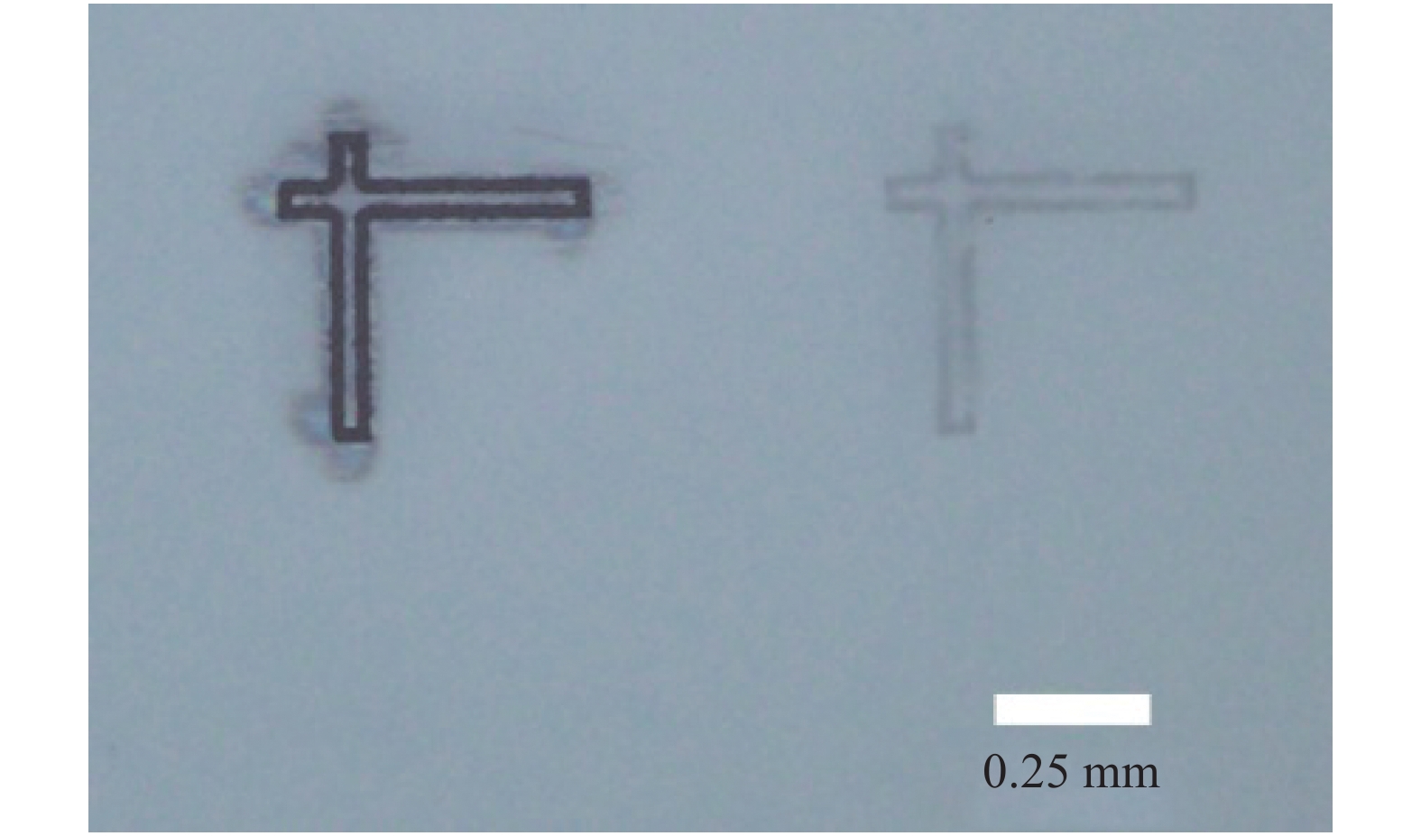 将焦点设置在上表面,扫描次数为1,功率为9%和8%时的标记显微照片