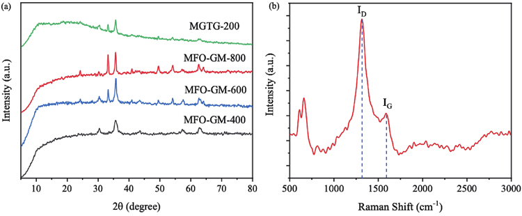 (Color online) (a) XRD patterns of MFO-GM and MGTG-200 samples and (b) Raman spectrum of MGTG-200.