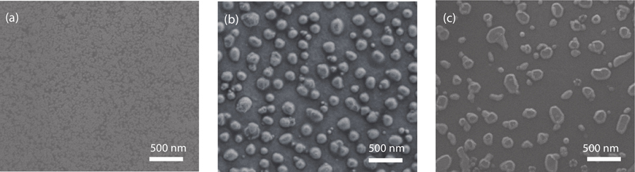 SEM images of the nano-patterned InGaN of (a) Template I1, (b) Template I3, and (c) Template I5.