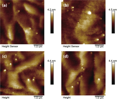 (Color online) The 5 × 5 µm2 AFM images of green InGaN/GaN MQWs structures of (a) Sample M0, (b) Sample M1, (c) Sample M3, and (d) Sample M5.