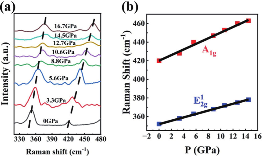 (Color online) Pressure-induced Raman vibration in monolayer WS2. (a) Evolution of the Raman spectrum with pressure for monolayer WS2 sample. (b) Raman vibrations of monolayer WS2 as a function of pressure.
