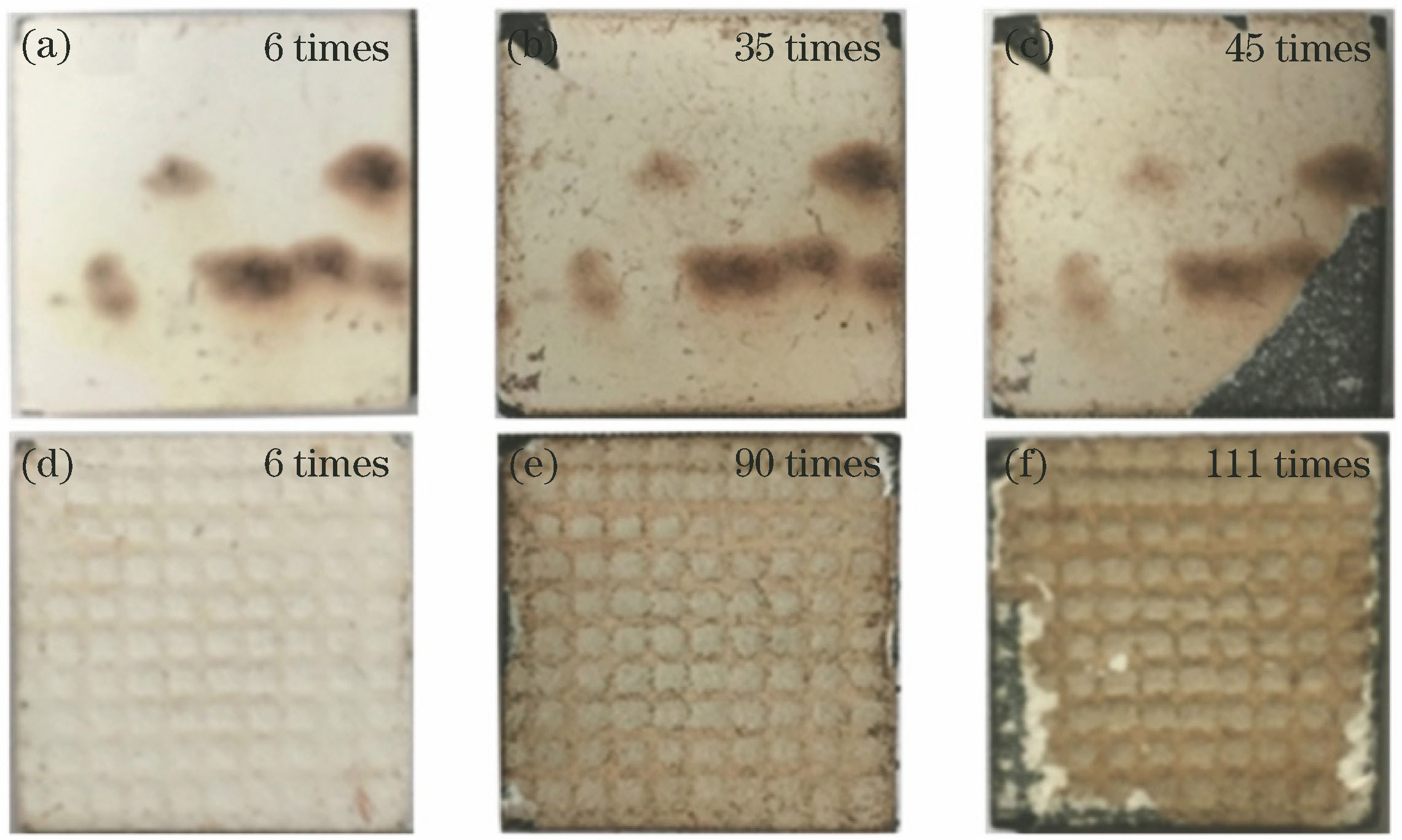 热震后的(a)(b)(c)传统两层结构热障涂层和(d)(e)(f)具有网状衬垫的热障涂层