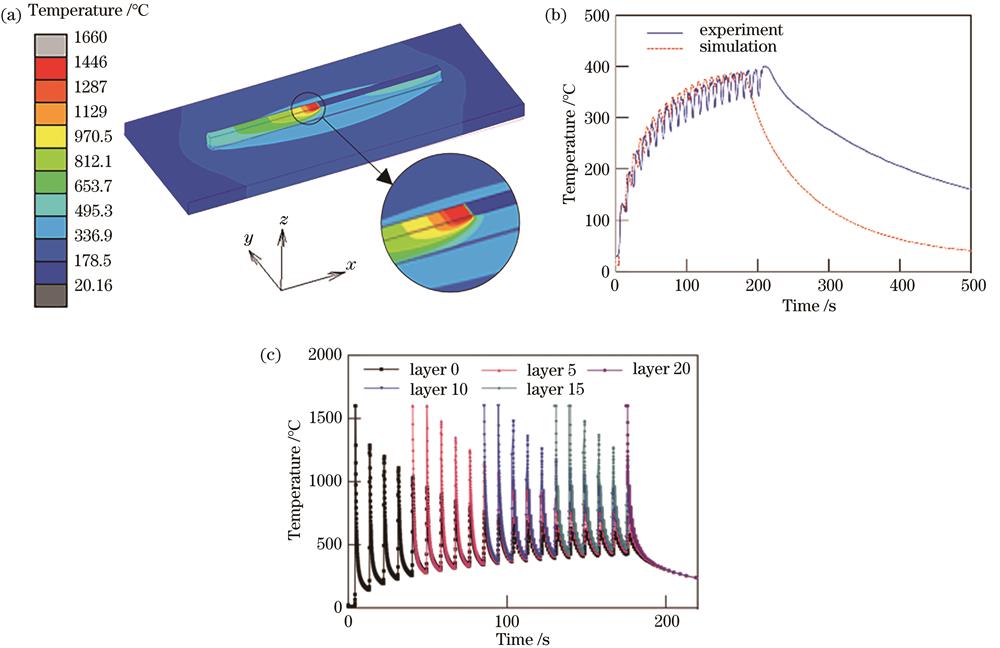 温度场的模拟结果。(a)t=175.5 s时的温度场云图;(b)原位测量与模拟温度的对比;(c)各沉积层中点的温度热循环曲线