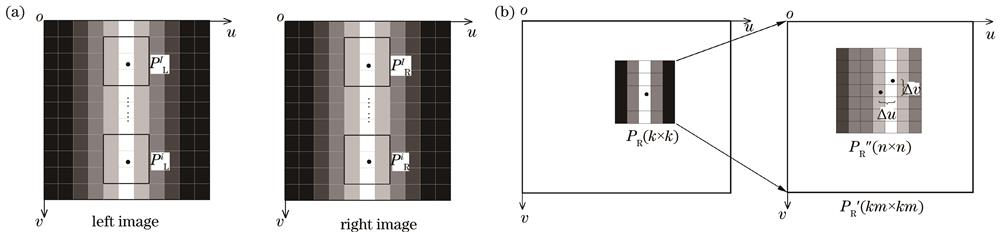 DIC立体匹配示意图。(a)左右图像;(b)左右图像的局部高分辨率子区域