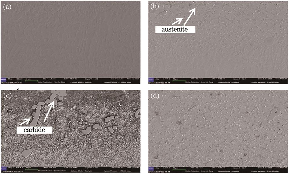 DC53材料在1000倍的扫描电镜下各区域的微观组织。(a)熔融区;(b)热影响区;(c)退火区;(d)基体区