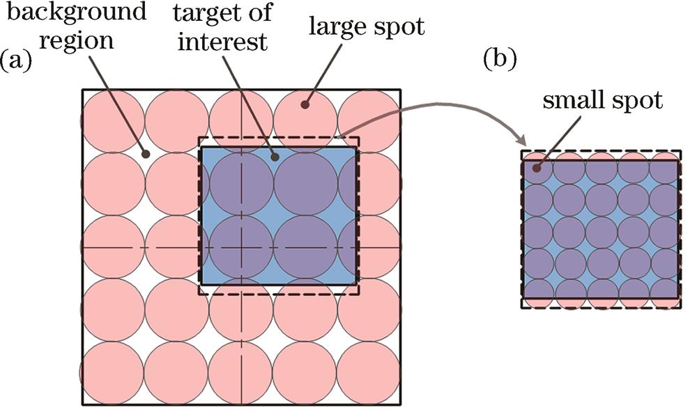 变分辨率扫描示意图。(a)大视场低分辨率扫描;(b)局部区域高分辨率扫描