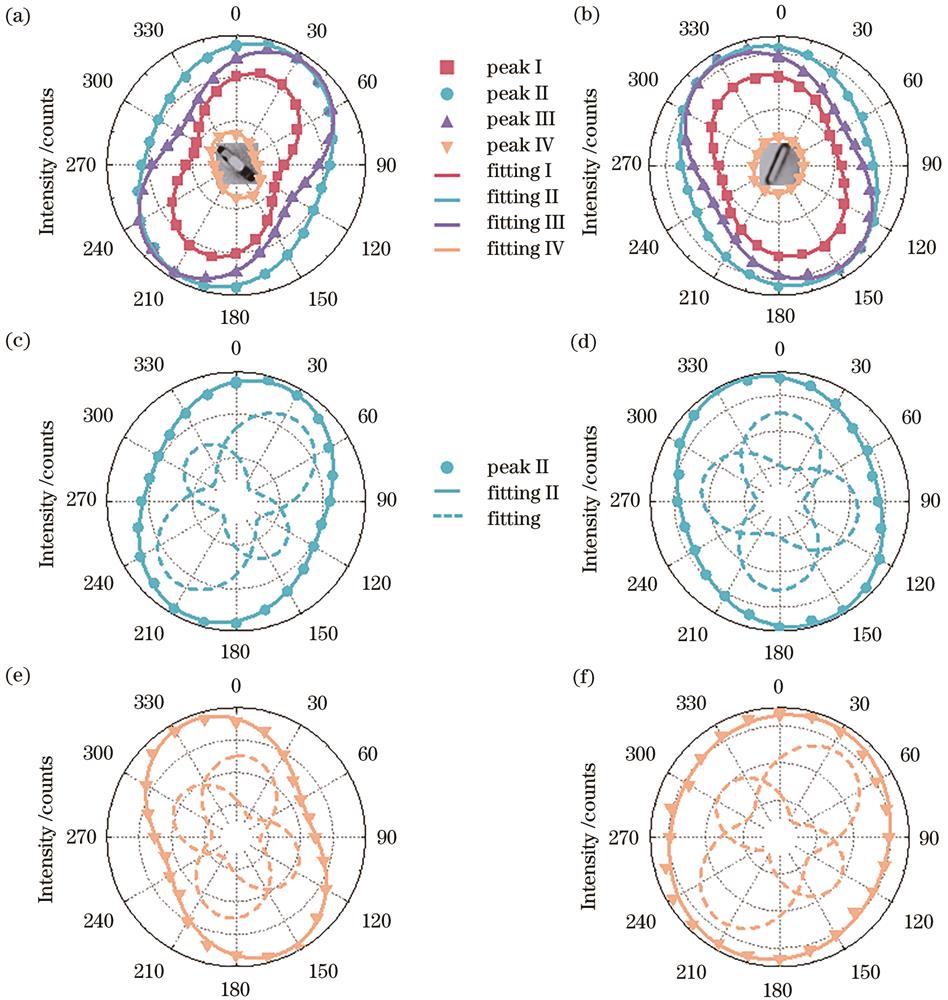 两个BiPO4∶Sm3+单颗粒晶体偏振发光拟合分析。(a)(b)单颗粒面内取向和4个发光峰强度随偏振角的变化及拟合曲线图谱;(c)(d)2个不同线偏角的晶体场能级跃迁峰强度叠加拟合发光峰II;(e)(f)2个不同线偏角的晶体场能级跃迁峰强度叠加拟合发光峰IV