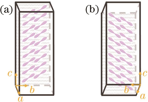 单斜相晶体反转导致偶极子沿c轴镜像对称。(a)晶体背面贴附于基板面;(b)晶体正面贴附于基板面