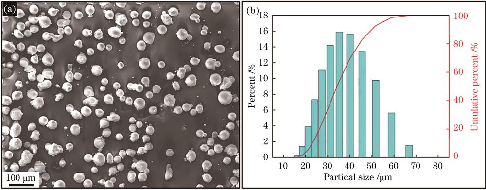 ECY768合金粉末。(a)典型形貌;(b)粒径分布
