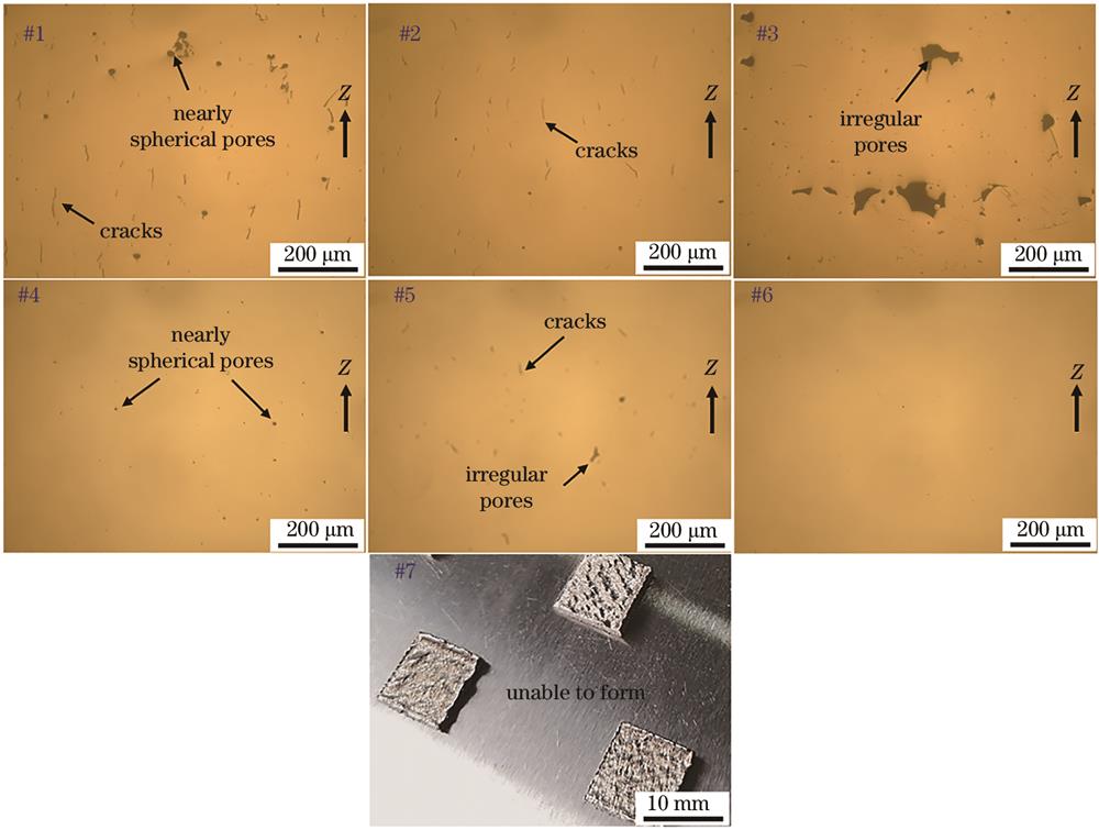 不同工艺窗口内代表性试样的典型缺陷形态或外观照片(试样编号与图5中的编号一致)