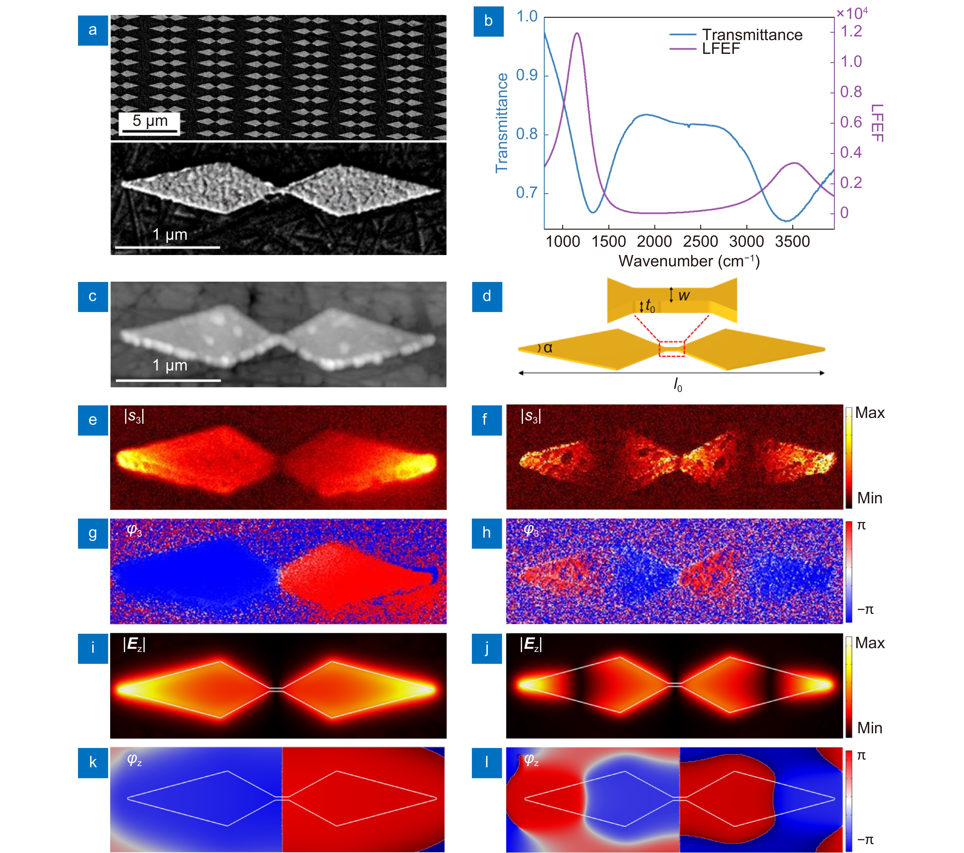 (a) Scanning electron microscopy (SEM) image of NBRA structures. (b) Experimental transmittance of the NBRA array (blue curve) and simulated LFEF at the extremities of the structure (purple curve). (c) AFM topography of a single NBRA structure. The scale bars are 1 μm. (d) Sketch and parameters of the NBRA structure, consisting of two rhombic arms connected with each other by a nanobridge. The thickness (t0) and total length (l0) of NBRA are 30 nm and 2800 nm. The nanobridge is 30 nm in width and 130 nm in length. The radius of sharp tip of each arm is 10 nm and α is 30°. (e–h) Measured near-field (e, f) amplitude and (g, h) phase of single NBRA structure at 1100 cm−1 and 2100 cm−1, respectively. (i–l) Simulated |Ez| (i, j) and φz (k, l) of single NBRA structure at 1100 cm−1 and 2100 cm−1, respectively.