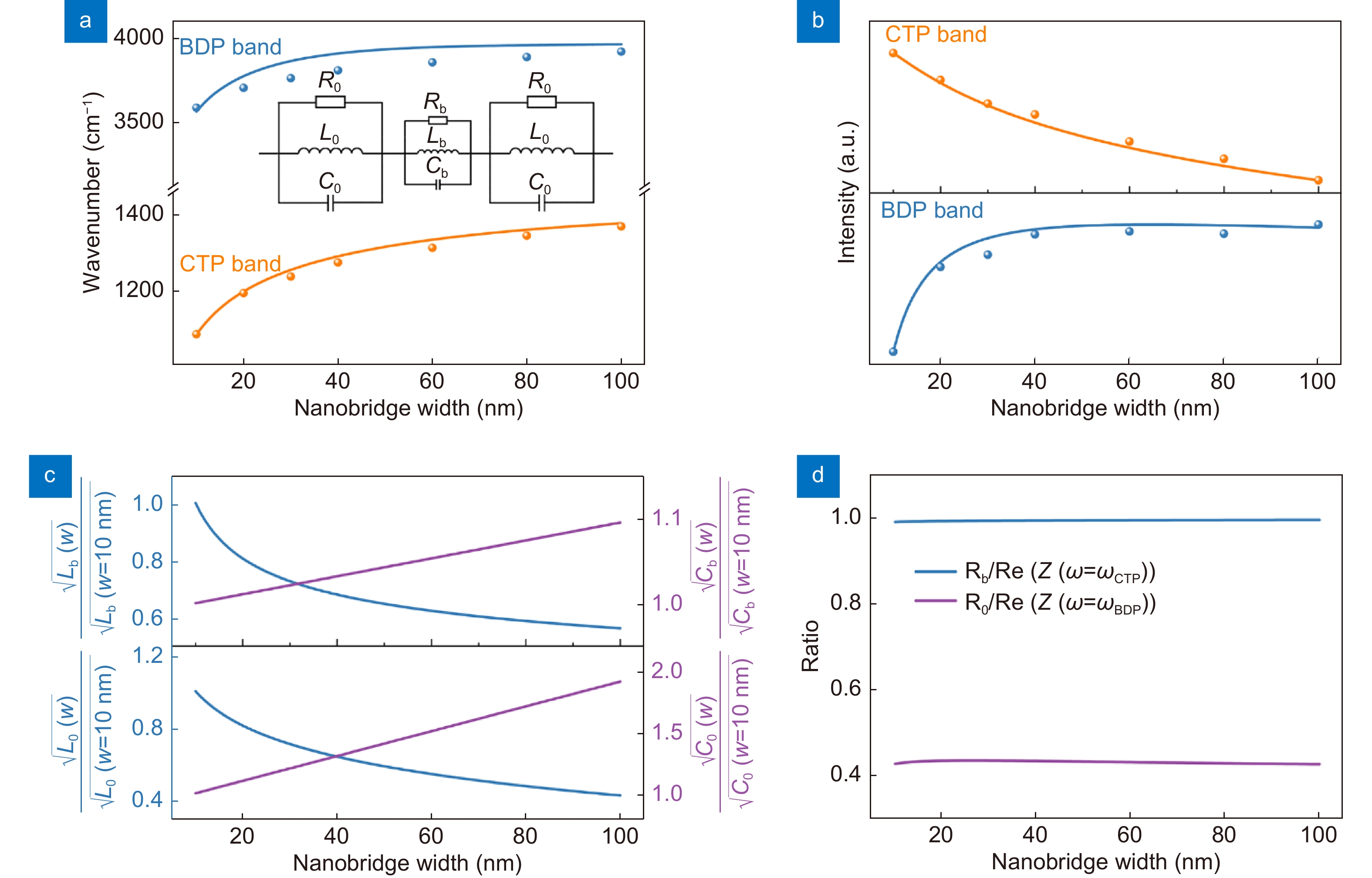 Nanobridge width-dependent (a) resonant frequencies and (b) intensities of CTP and BDP bands. The orange and blue circles are extracted from the simulated extinction spectra (Fig. 3(a)), while the points on the fitting curves are extracted from the spectra of (Fig. S12, Supplementary information). Inset in (a): RLC circuit model of the NBRA structure. (c) Nanobridge width-dependent ratio of (blue curve in the top panel), (purple curve in the top panel), (blue curve in the bottom panel) and (purple curve in the bottom panel). (d) Nanobridge width-dependent ratio of (blue curve) and (purple curve). and are the deterministic parameters for .