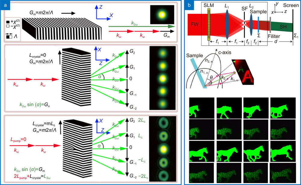 Nonlinear Holography. In (a) the structuring of the medium is illustrated: the fundamental field is always the same, but the medium is not. The selective inversion of the electric domain across the transverse plane creates different spatial structures in the second harmonic field. The periodical transverse structure is responsible for multiple phase matching mechanisms, both longitudinally and transversely. In (b) it is shown how non-collinear SHG can transfer a specific intensity pattern from one wavelength to the other. First row shows the imaging arrangement and the second column shows the phase-matching conditions and an example of output modes. Right below is a experimental demonstration that this can be used for real-time frequency conversion of computer generated holograms. Figure repoduced from: (a) ref.130, © American Physical Society; (b) ref.158, © Optica Publishing Group.