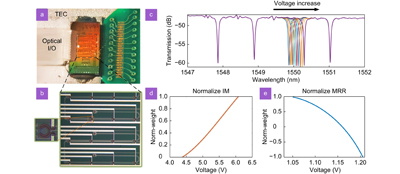 (a) Detailed photos of the packaged layout chip show the MRR array in the center, with the photonics chip on the right combined with the leads of the customized printed circuit board (PCB) for computation and control. On the left, there is an optical input/output port using a fiber V-groove, and the entire assembly is mounted on a TEC for heat dissipation. (b) The micrograph of the MRR array and detailed photo of a single MRR. (c) The transmission spectra of the MRR array. Different voltages (800–1800 mV, 100 mV/step) are applied to the third MRR. Similar results can be obtained when the voltage is applied to other MRRs. (d) The transmission rate of a single IM on the chip under voltage tuning. These curves represent the normalized W-V mapping. (e) The transmission rate of a single MRR on the chip under voltage tuning. These curves represent the normalized W-V mapping.