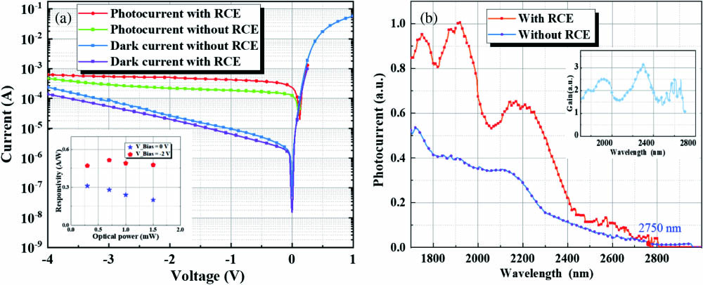 (a) I-V curves of the GeSn photodetector with a diameter of 20 μm: dark, photocurrent under 2 μm laser incidence with or without RCE structure. The incident light power was 1 mW. The inset shows responsivities of the photodetector with RCE structure under 0 V bias and −2 V bias at different output powers of tapered fiber. (b) Wide-spectrum responsivity curves of photodetector with a diameter of 70 μm under zero-bias with or without RCE structure. The inset shows the correlation between the gain and wavelength of the PD with RCE structure.
