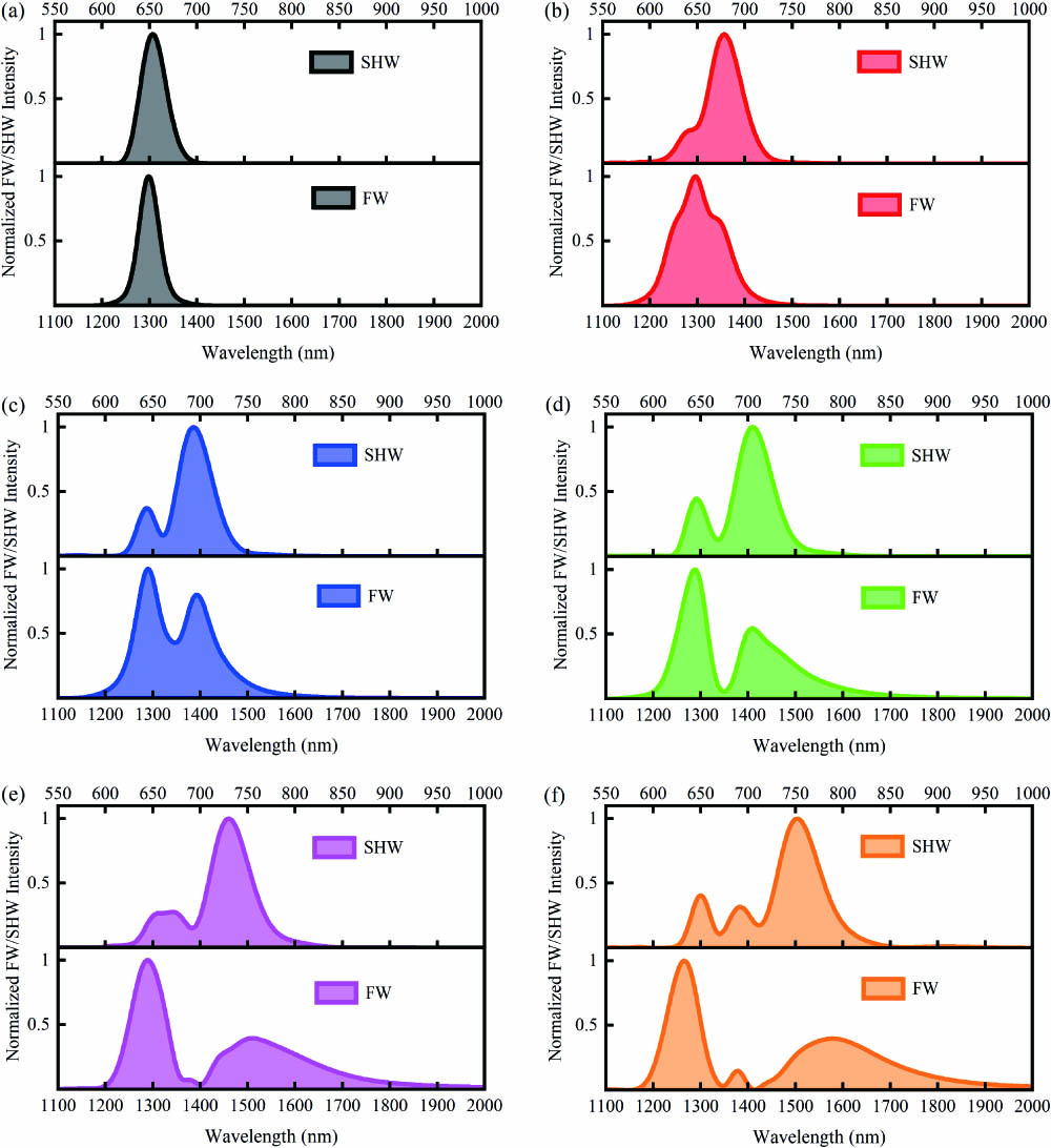 Simulated spectra of FW and SHW under different pump energies: (a) 10 μJ, (b) 30 μJ, (c) 50 μJ, (d) 70 μJ, (e) 90 μJ, and (f) 110 μJ.