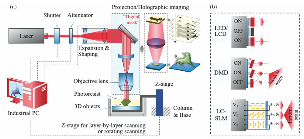 典型的面投影微纳3D打印系统。(a)光路原理示意图;(b)用于面投影的“数字掩模”产生方案示意图
