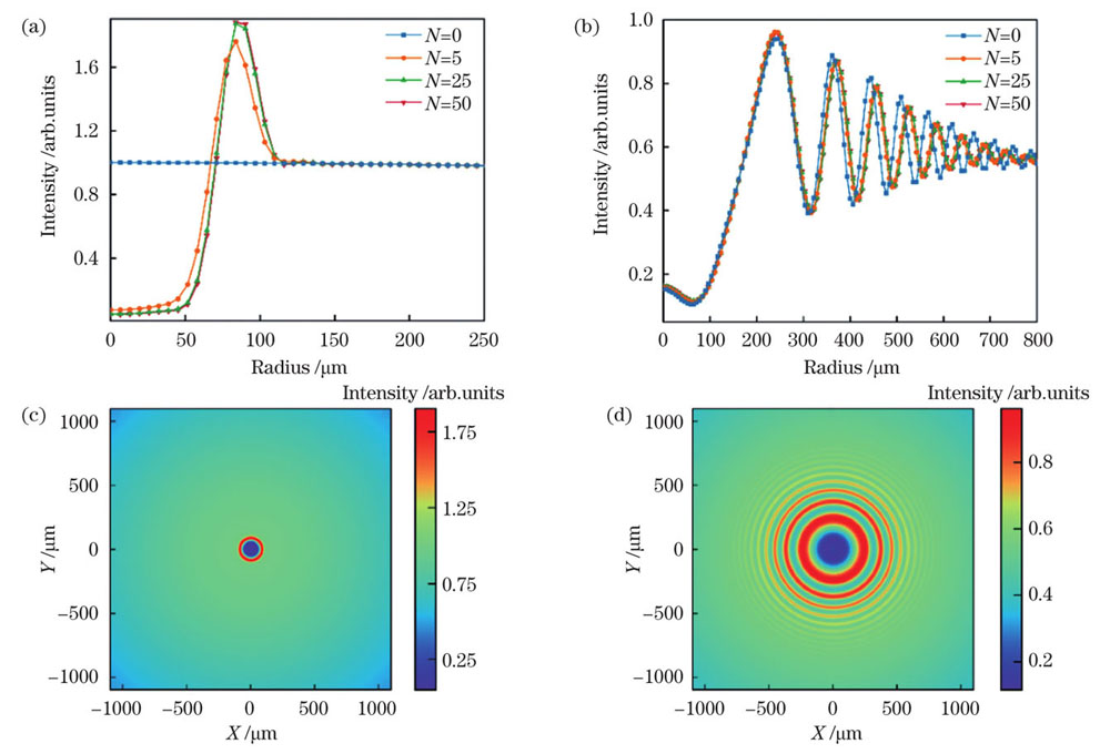 探测光强度分布的模拟结果。不同分段数下探测光的径向强度分布:(a)光丝出口处;(b)CCD成像端。分段数为25时的平面光强分布:(c)光丝出口处;(d)CCD成像端