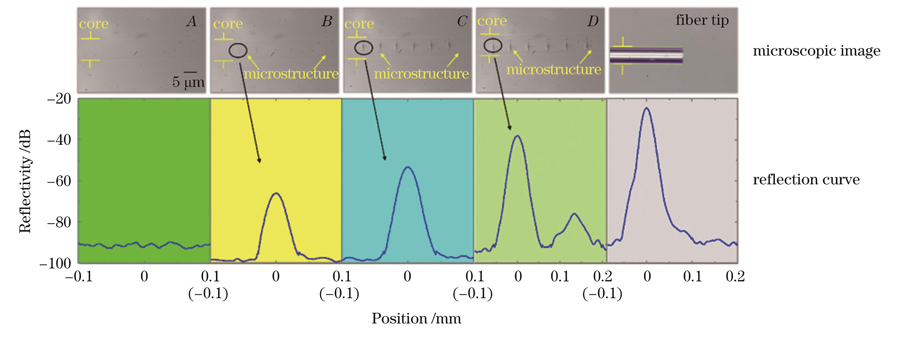 不同脉冲能量区域特征点的OCDR测量反射曲线及显微图像