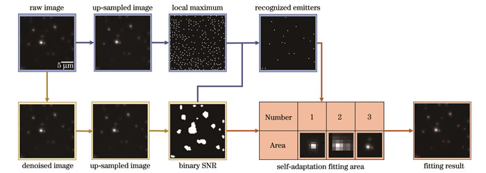 SM算法流程图,其中黄色、蓝色和橙色箭头分别展示了生成信噪比二值图、荧光点识别、自适应拟合算法的过程