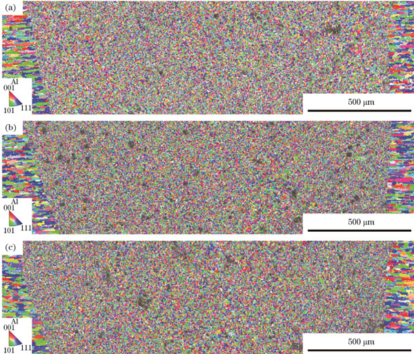 各焊缝的IPF图。(a)添加0.02 mm厚Ti中间层的焊缝;(b)添加0.03 mm厚Ti中间层的焊缝;(c)添加0.04 mm厚Ti中间层的焊缝