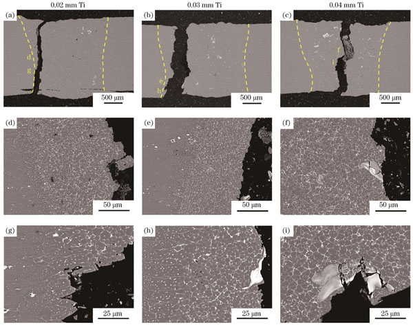 背散射模式下的断口形貌。(a)~(c)拉伸断裂位置;(d)~(i)拉伸断口的微观形貌