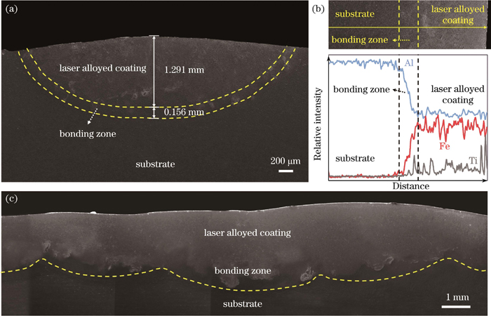 合金化层的截面形貌。(a)LA1试样合金化层的截面形貌;(b)元素分布;(c)多道搭接合金化层的截面形貌