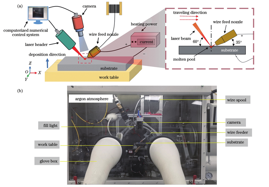 激光和焦耳热复合热源细丝沉积工艺。(a)原理图;(b)试验装置图