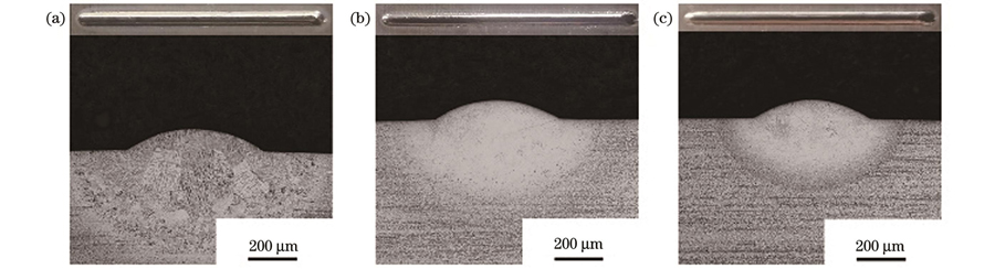 不同移动速度下的成形形貌和截面。(a)VS=30 mm/min;(b)VS=150 mm/min;(c)VS=300 mm/min