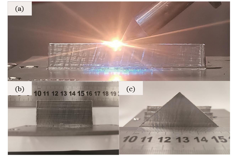 薄壁成形过程及试样展示。(a)薄壁沉积过程;(b)成形薄壁件;(c)三角形薄壁展示