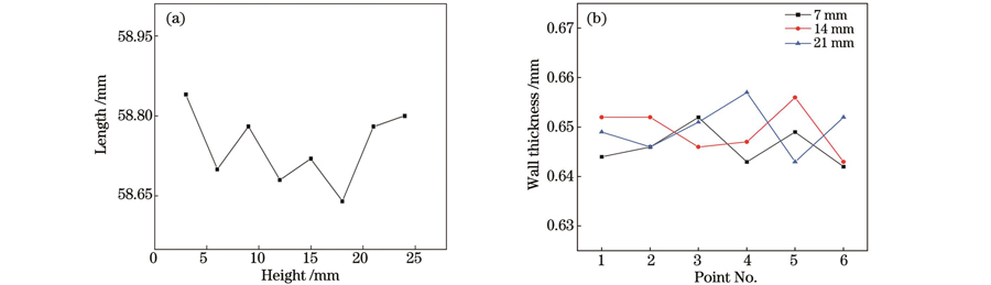 薄壁尺寸测量结果。(a)长度;(b)壁厚