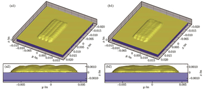 模拟得到的原位重熔前后熔覆层的宏观形貌。(a1)(a2)原位重熔前的形貌;(b1)(b2)原位重熔后的形貌