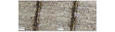 双熔道的显微形貌(左:800 mm/s;右1000 mm/s)