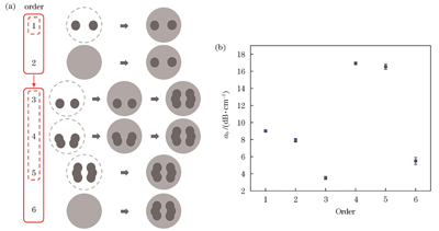 不同的波导和修饰线写入顺序及其对应的弯曲损耗。(a)波导和修饰线的写入顺序示意图;(b)不同写入顺序下波导的弯曲损耗