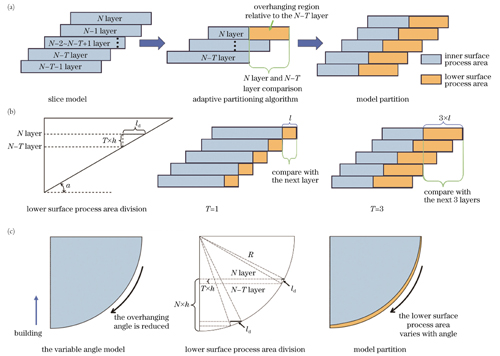 下表面工艺区划分原理及不同模型下表面工艺划分结果。(a)下表面工艺区划分原理;(b)对于固定倾角样件,不同向下比较层数T对下表面工艺区的影响;(c)变倾斜角度样件下表面工艺区的自适应调控