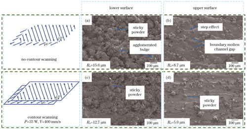 低角度样件的上下表面形貌。(a)不开启轮廓下表面;(b)不开启轮廓上表面;(c)开启轮廓下表面;(d)开启轮廓上表面