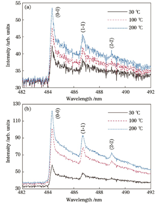 不同样品温度下的AlO分子光谱。(a)激光能量为100 μJ;(b)激光能量为200 μJ